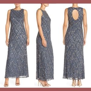 NWT Pisarro Nights Embellished Mesh Gown Gunmetal Grey/Gold [SZ 4 ]‎